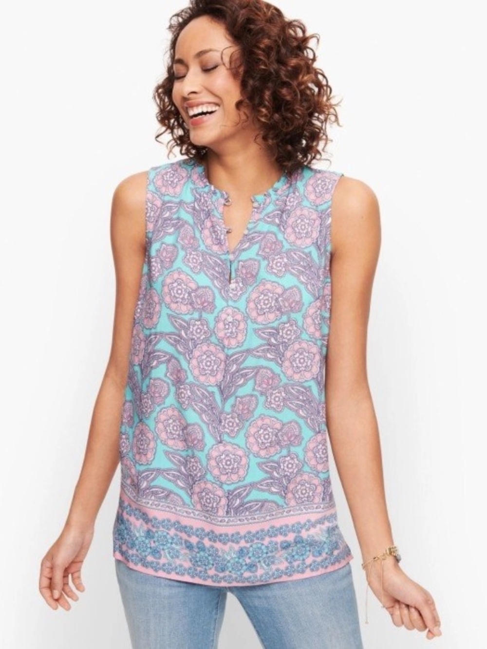 TALBOTS SLEEVELESS SHELL BLUE/PINK BLOOMING PAISLEY 3X